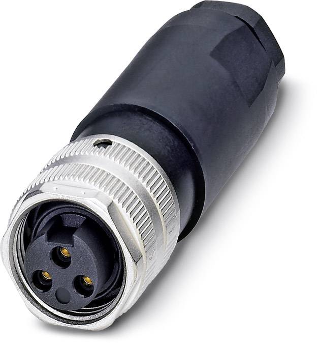 Een zwarte, ronde stekker met zilveren metalen afsluiting. Bevat drie contactpennen. Geschikt voor industriële toepassingen.