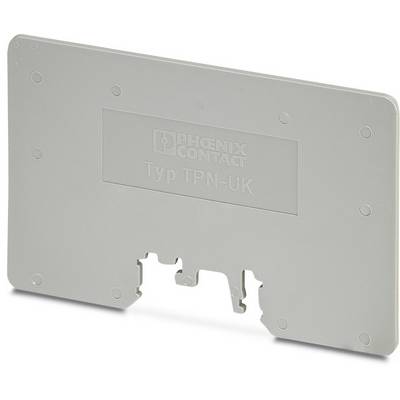 Grijs eindstuk voor de scheiding van railklemmenmodules. Opschrift 'Phoenix Contact Type TPN-UK'.