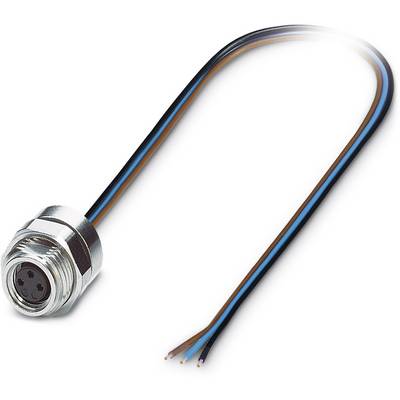 'Een metalen, ronde connector met vijf gaten, waaruit drie gekleurde kabelstrengen (bruin, blauw, zwart) steken.'