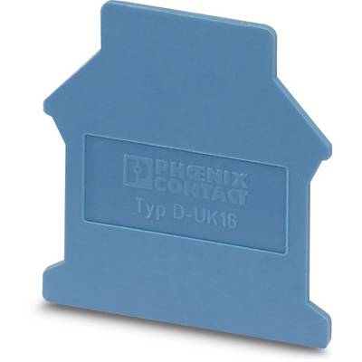 Blauw kunststof schild van het merk Phoenix Contact, type D-UK16, vermoedelijk bedoeld als afdekking of scheiding voor elektrische aansluitingen.