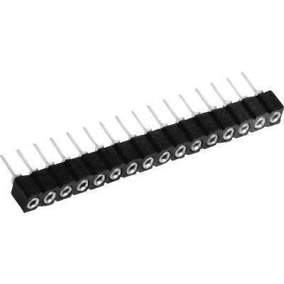 Een reeks van 18 rechte pinheaders die vaak worden gebruikt voor elektronische verbindingen.