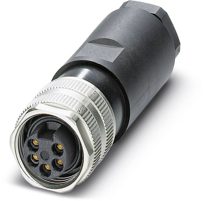 Een ronde, zwarte M12-stekker met vier pinnen en een metalen behuizing. Geschikt voor industriële verbindingen.