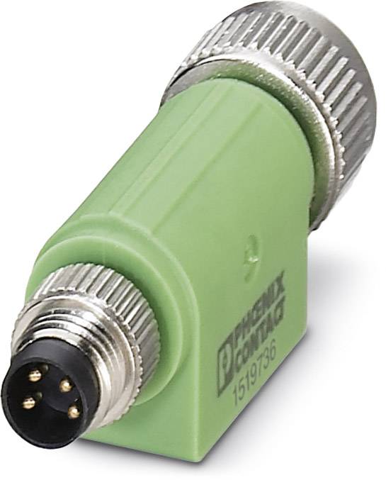 Een groene, haaks M12-stekker met metalen schroefdraad, drie pinnen zichtbaar, merkenlogo 'PHOENIX CONTACT' zijdelings afgedrukt.