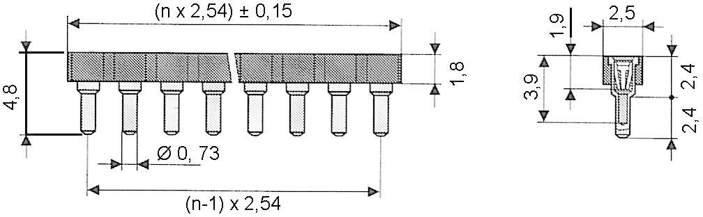 Diagram van de afmetingen van een elektronische connector met pinnen. Maatvoering is weergegeven in millimeters.