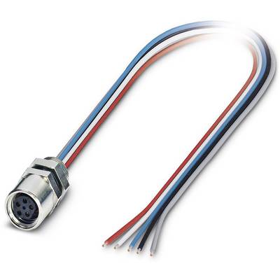 Een metalen stekker met vijf gekleurde draden: blauw, wit, rood, zwart en bruin. Aan de ene kant de stekker, aan de andere kant de open draadeinden.