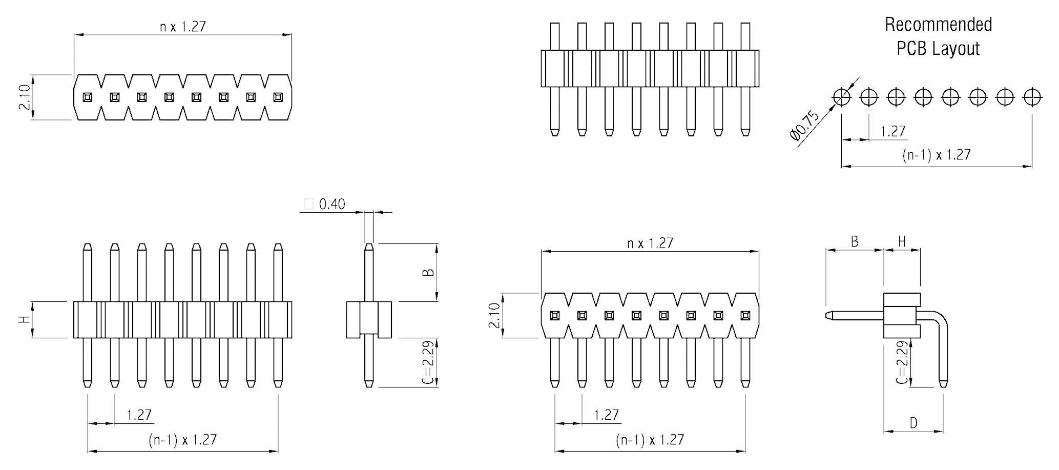 Technische tekening van een connector met montagedetails. Afmetingen in mm. Aanbevolen PCB-layout rechtsboven.