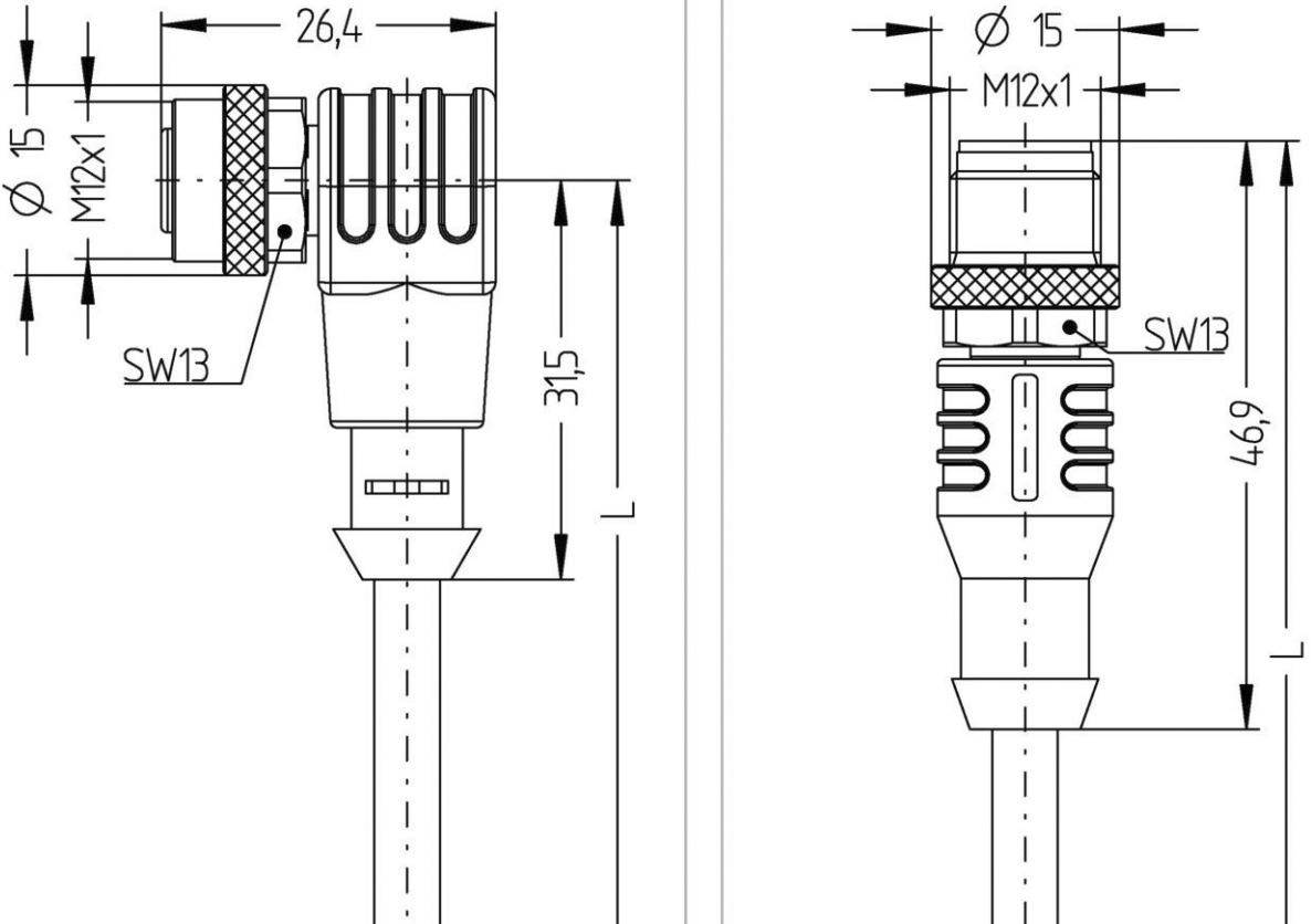Technische tekening van een M12-connector met schroefdraadmaten, lengteaanduidingen en kabelaansluiting. Hoofdaanzicht van twee zijden.