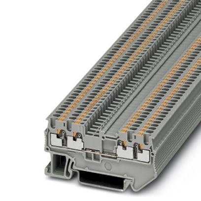 Meerlaadse rijklem met grijs behuizing en oranje elementen, geschikt voor industriële elektronische installaties.