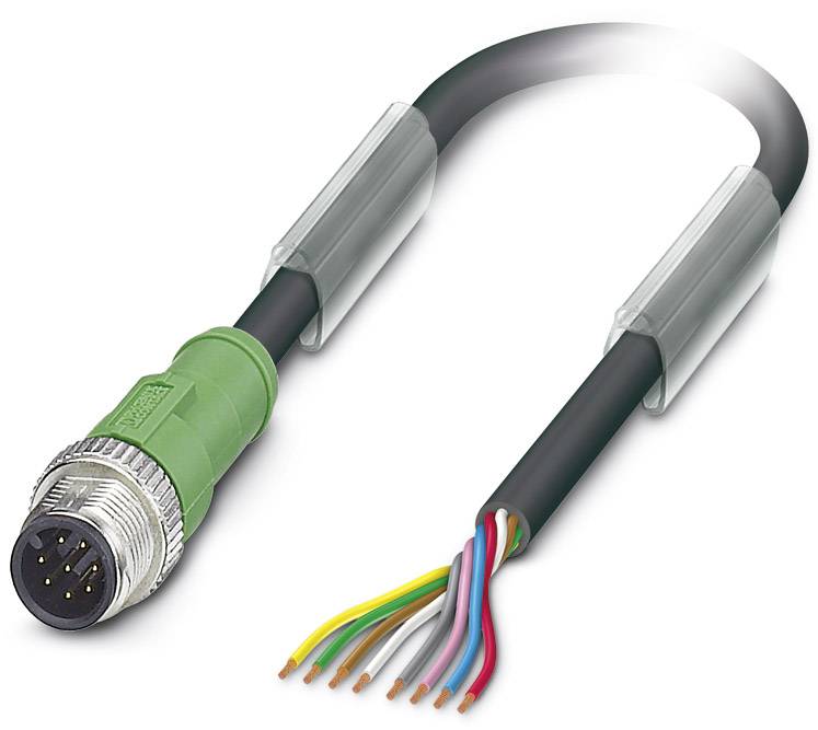 Een meerkleurige elektrische kabel met een groene stekker aan de linkerkant en blootliggende draden aan de rechterkant.