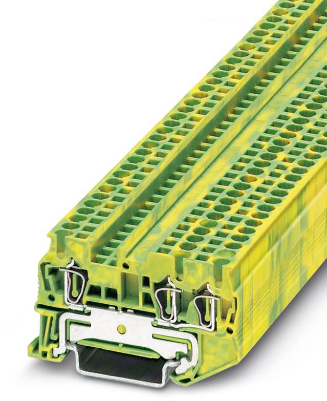 Afgebeeld is een groen-gele rijgklem voor elektrische verbindingen met dubbele wanddikte en metalen steekverbindingen.