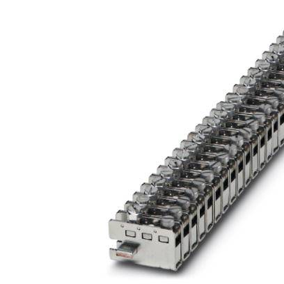 Een rij zilveren metalen klemmen in een elektrisch aansluitingsmodule.