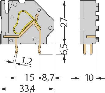 Technische tekening van een elektrisch onderdeel met afmetingen. Breedte: 33,4 mm, hoogte: 27 mm, diepte: 10 mm. Kabels en aansluitingen zichtbaar.