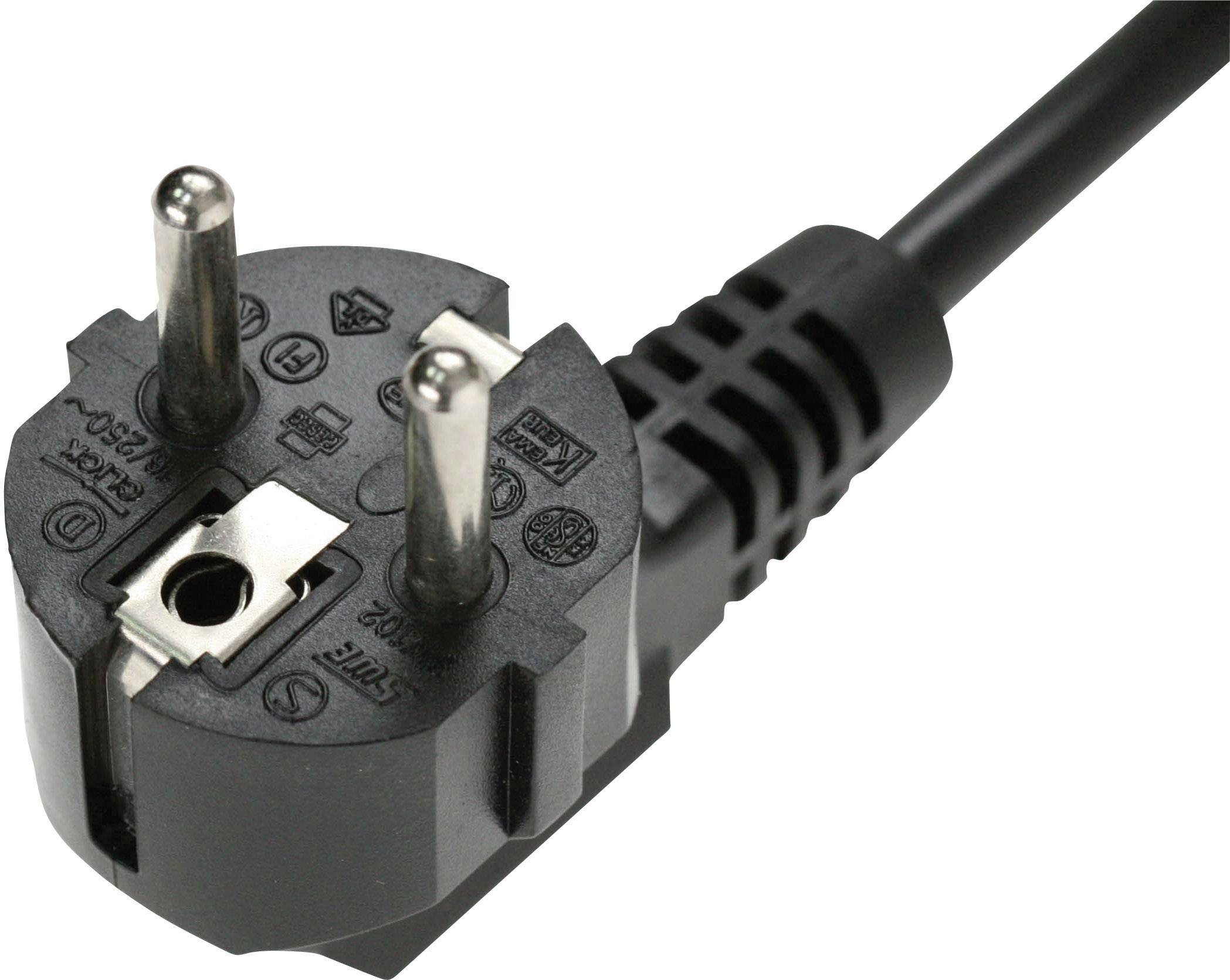 Close-up van een zwarte Schuko-stekker met twee metalen pinnen en een aardingsvoorziening. Geschikt voor 230V AC stroomvoorziening.