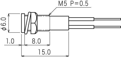 Technische tekening van een cilindrische stekker. Afmetingen: diameter 6 mm, lengte 15 mm, schroefdraad M5 met spoed 0,5 mm. Draadlengten verschillend.