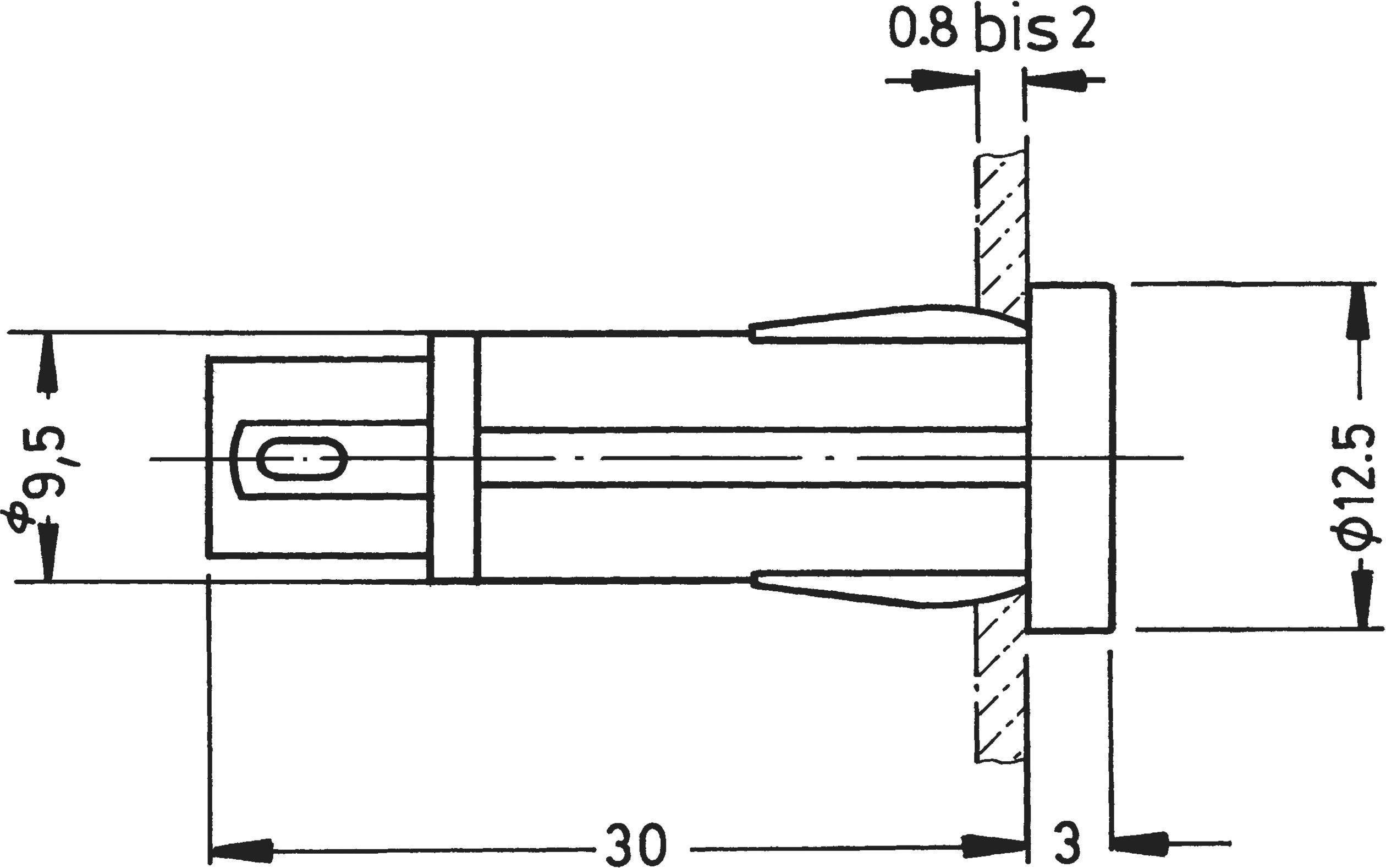 Technische tekening van een cilindrische metalen pen met afmetingen: lengte 30 mm, diameter 9,5 mm en 12,5 mm, dikte 3 mm.