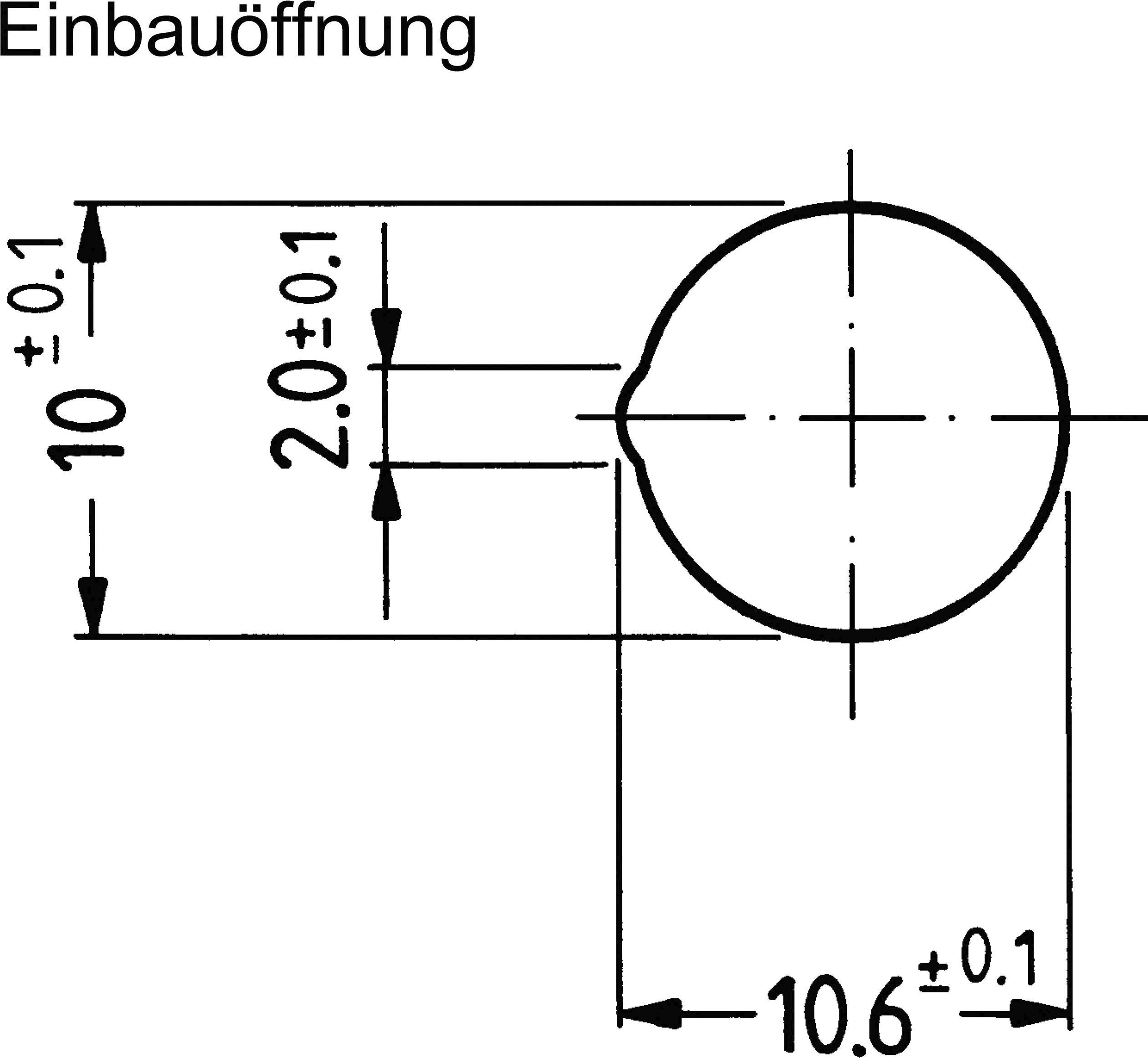 'Inbouwopening': Technische tekening van een cirkel met diameter 10,6±0,1 en hoogte 2,0±0,1 in millimeters.