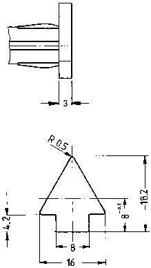 Technische tekening van een onderdeel met afmetingen: Breedte 8, Hoogte 18,2, Diepte 16. Bevat details zoals straal 0,5 en diepte 4,2.