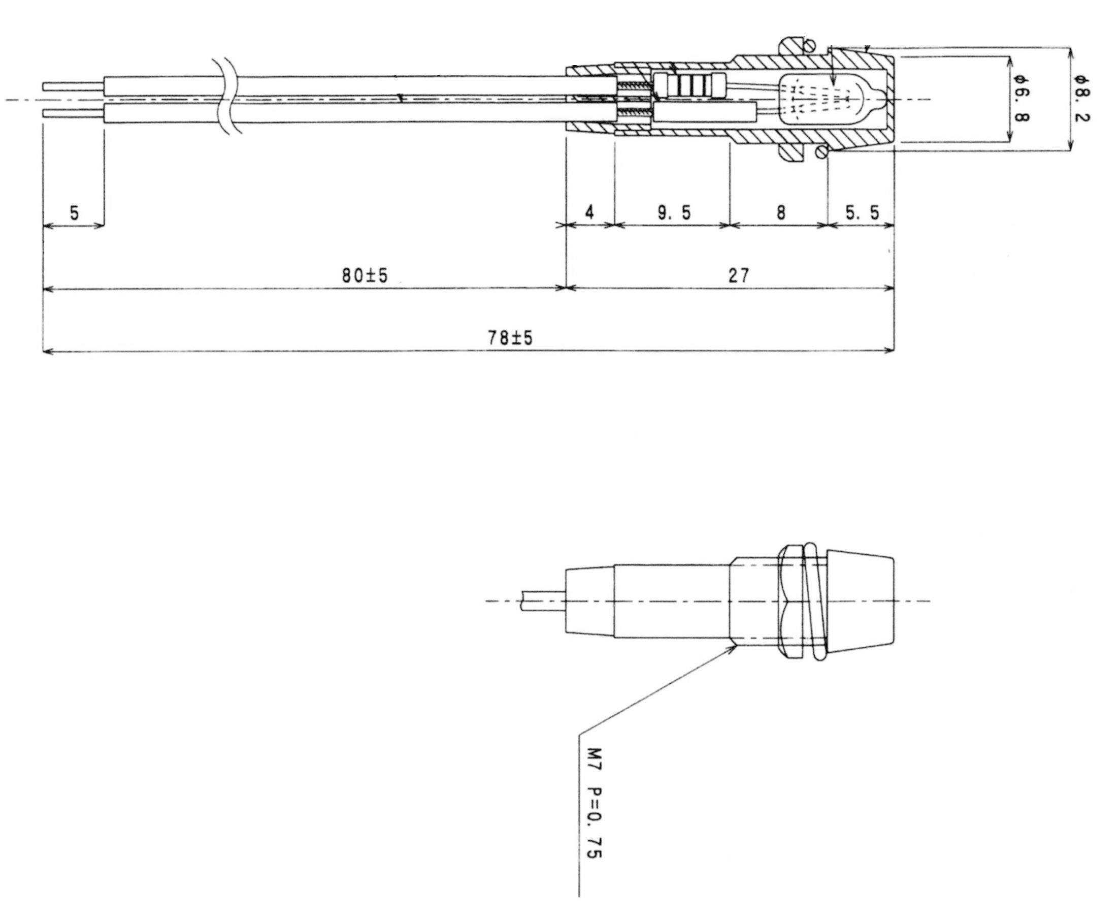 Technische tekening van een stekker met maatvoering in millimeters. Zij- en doorsnede-aanzichten tonen interne componenten en totale lengte.