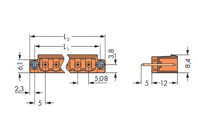 Technische tekening van een oranje stekker met afmetingen: lengte 38 mm, breedte 8,4 mm; gedetailleerd zicht op de aansluitingen.