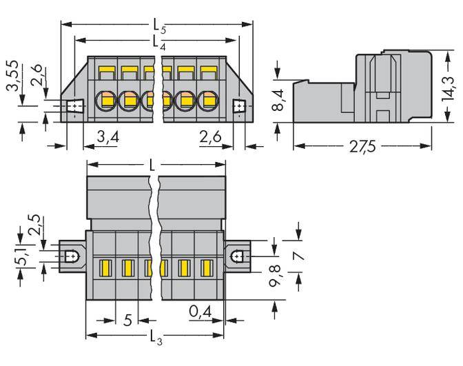 'Technische tekening van een connector met afmetingen. Zij- en vooraanzichten tonen gedetailleerde metingen in millimeters.'