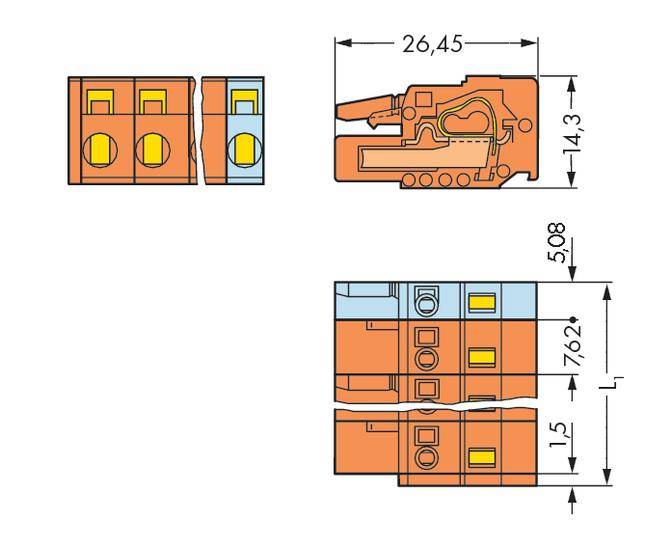 Technische tekening van een elektrische stekkerverbinding met afmetingen: 26,45 x 14,3 mm. Zijaanzicht toont interne structuur.