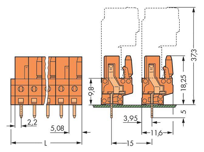 Technische tekening van een connector met afmetingen. Hoogte: 37,3 mm. Breedte: 11,6 mm. Pinafstand: 5,08 mm. Zijaanzicht toont montage.