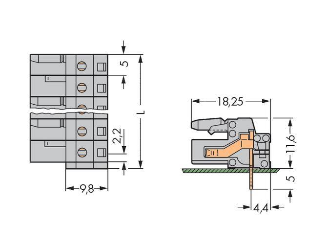 Diagram van een elektrische stekkerverbinding met afmetingen: lengte L, breedte 9,8 mm, hoogte 2,2 mm, contactafstanden en montagewijze zijdelings weergegeven.