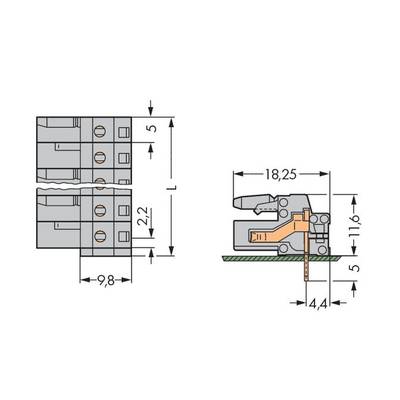 Diagram van een elektrische stekkerverbinding met afmetingen: lengte L, breedte 9,8 mm, hoogte 2,2 mm, contactafstanden en montagewijze zijdelings weergegeven.