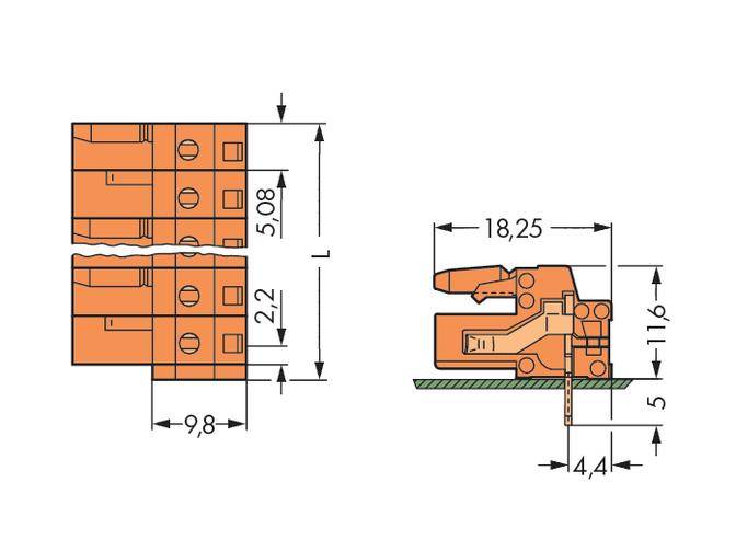 Afbeelding van een schakelschema van een elektrische component met afmetingen in millimeters: breedte 9,8, hoogte 5,08, diepte 18,25.