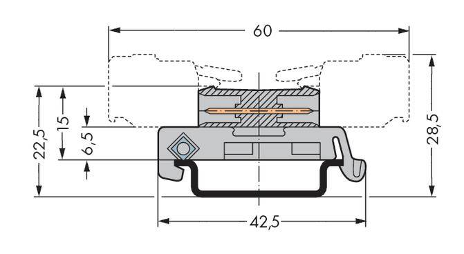 Technische tekening van een elektrische component, met afmetingen: 60 mm breedte, 42,5 mm lengte en 28,5 mm hoogte. Doorsnede toont binnenstructuur.