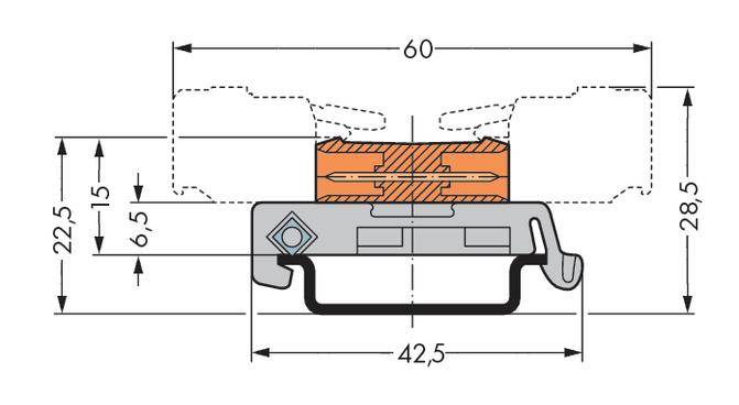 Technische tekening van een onderdeel met afmetingen: breedte 60 mm, hoogte 28,5 mm en dieptematen van 22,5 mm en 15 mm.