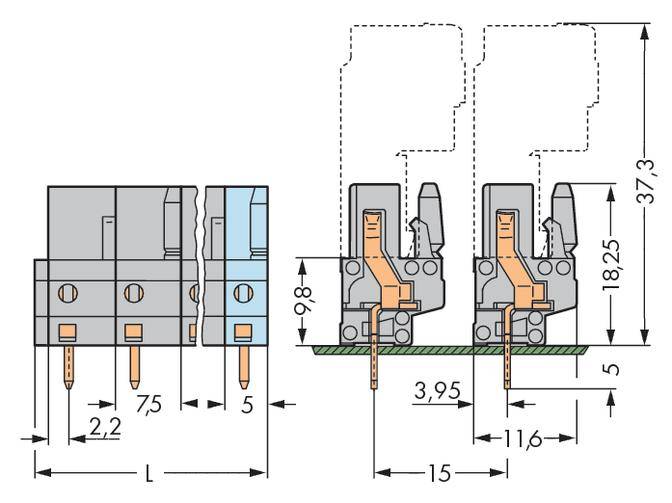Technische tekening van een relais met afmetingen in millimeters, toont hoogte, breedte, montagestand en contactaansluitingen in zij- en vooraanzicht.