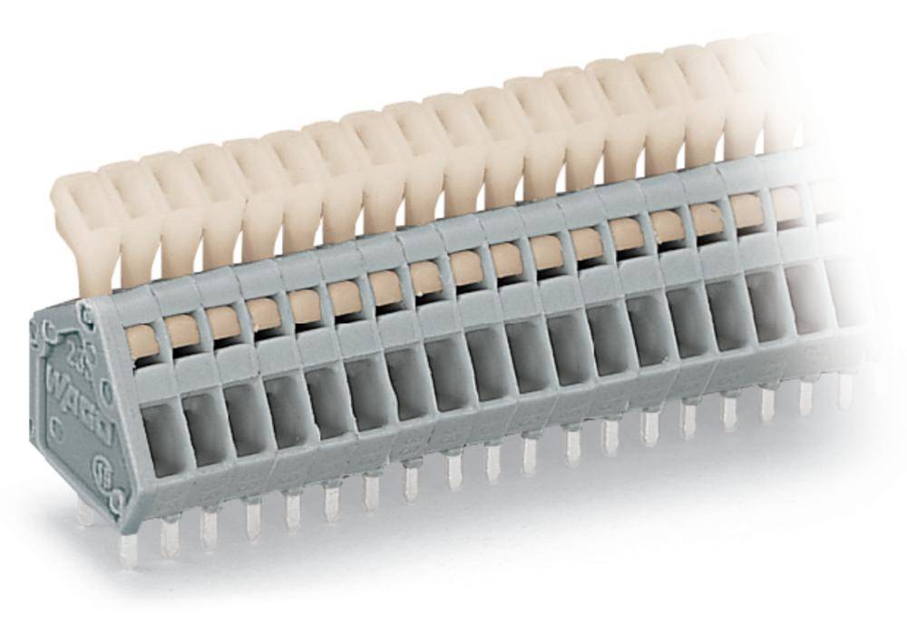Rij van grijze en beige stekklemmen in een gestructureerde opstelling, gebruikt voor elektrische verbindingen en schakelingen.