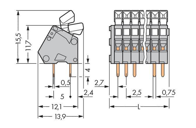 Afbeelding van een elektrische schakelaar met afmetingen. Toont vooraanzicht en zijaanzicht met gedetailleerde maatvoeringen.