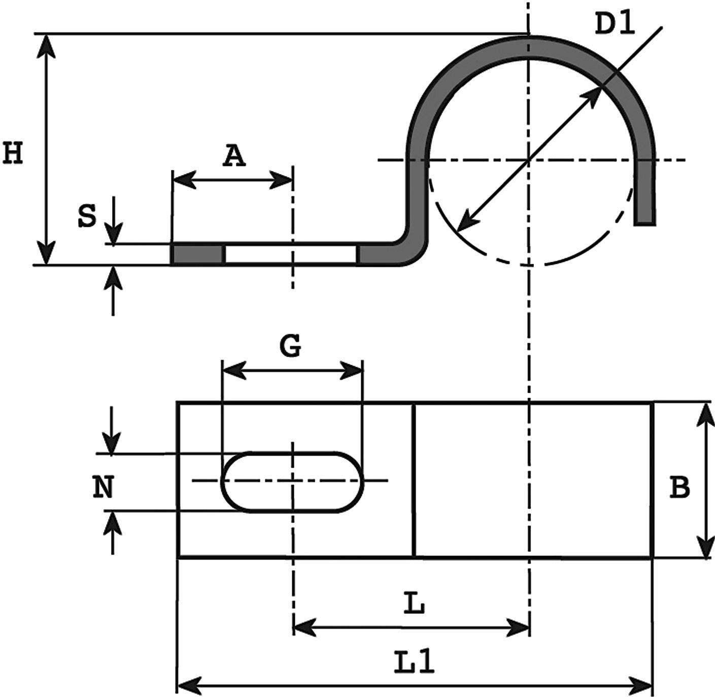 Technische tekening van een metalen haak met afmetingen: hoogte (H), breedte (B), lengte (L, L1), diameter (D1), afstanden (A, S, G, N).