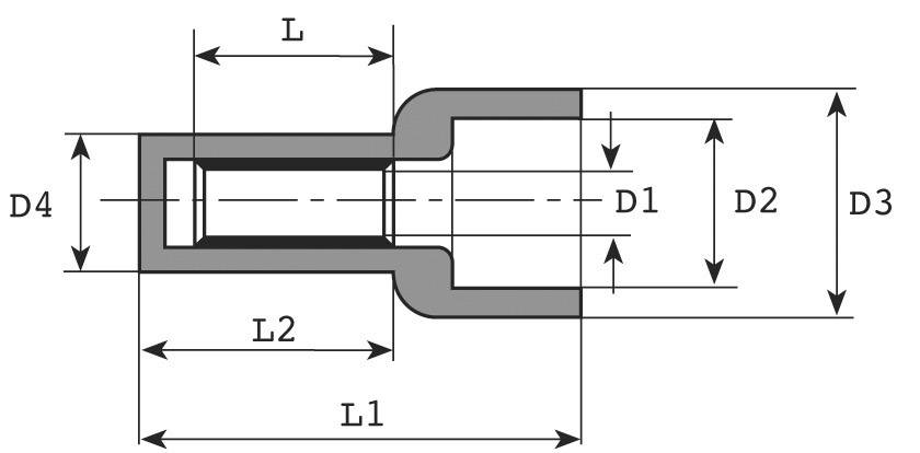Technische tekening van een stekkerverbinding. Weergave met de afmetingen L, L1, L2, D1, D2, D3 en D4.