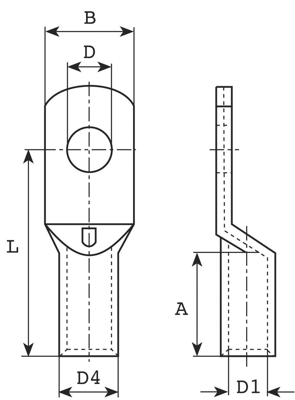 Technische tekening van een metalen stekker met afmetingen: B, L, A, D, D1, D4. Toont vooraanzicht en zijaanzicht van het onderdeel.