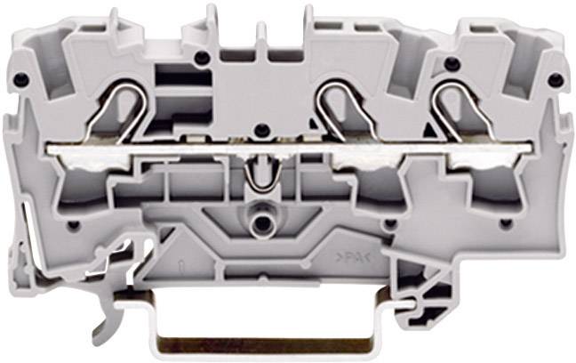 Een witte, modulaire elektrische aansluitklem met railbevestiging, draadhaken en schroeven voor elektrische bedrading.