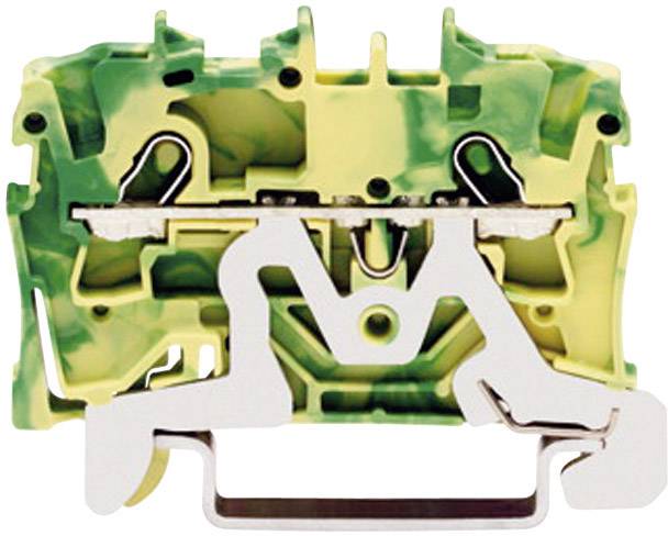 Geel-groene elektrische rijgklem in close-up, toont interne geleiderverbindingen en veermechanismen.