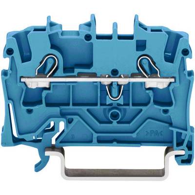 Een blauwe railklem met metalen componenten, geschikt voor montage op een DIN-rail, voor het bedraden van elektrische verbindingen.