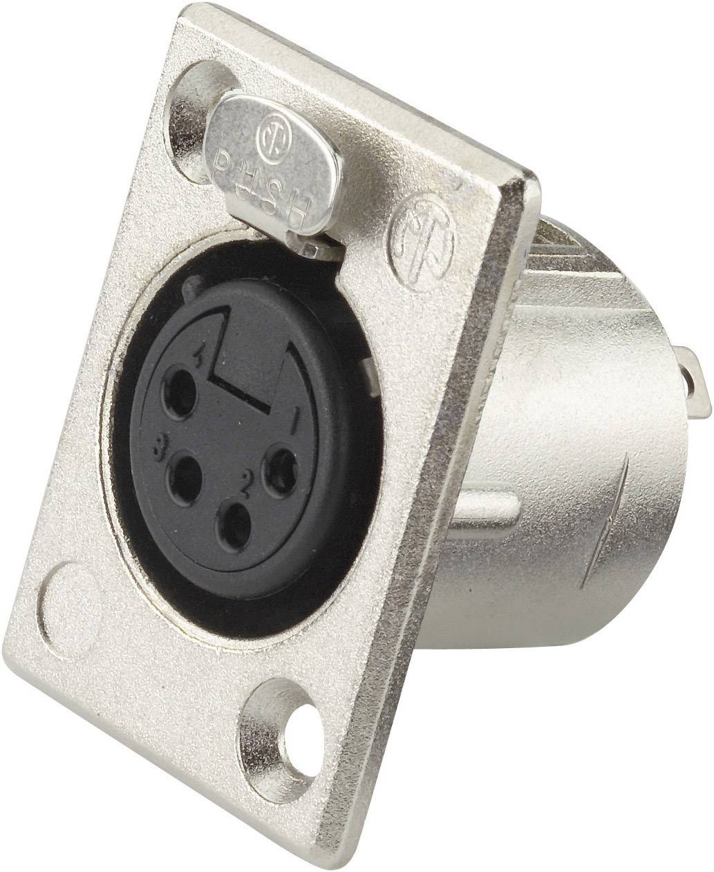 XLR-aansluitbus in zilver, geschikt voor microfoons en audioapparatuur. Heeft drie pinnen en een robuuste, rechthoekige behuizing.