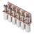Metalen contactrail met zes koperen schroefklemmen. Deze wordt gebruikt voor het verbinden van elektrische schakelingen.