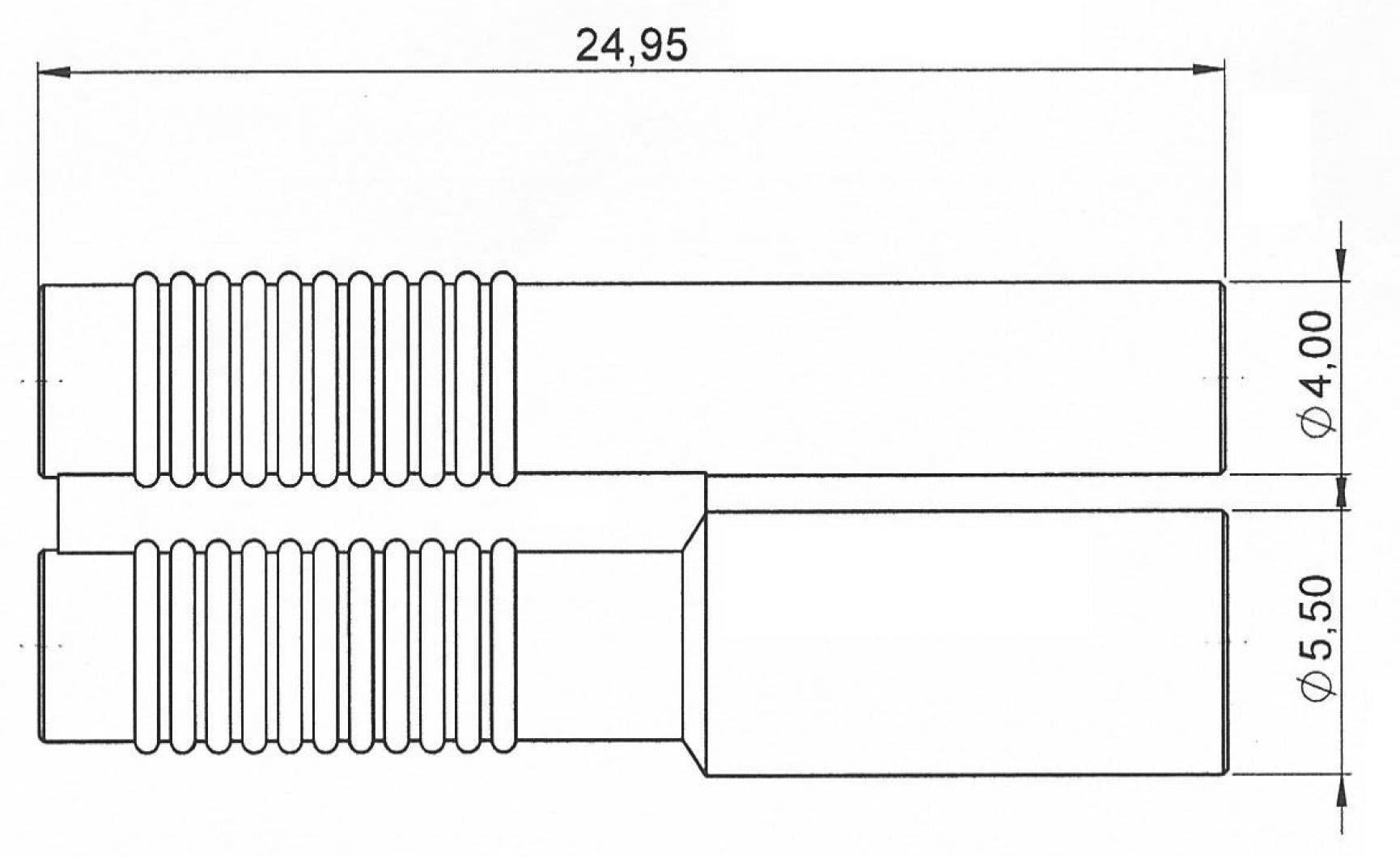 Technische tekening van een cilindrisch onderdeel met schroefdraad en afmetingen: lengte 24,95, buitendiameter 5,50, binnendiameter 4,00.