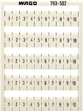 Een beige plaat met vijf rijen genummerde aansluitklemmen, van 1 tot 10. Bovenaan zijn de opschriften 'WAGO' en '793-502' zichtbaar.