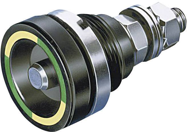 Zwart-zilveren hydraulische snelkoppeling met groen-gele ring. Verpakt in een moderne, functionele behuizing.