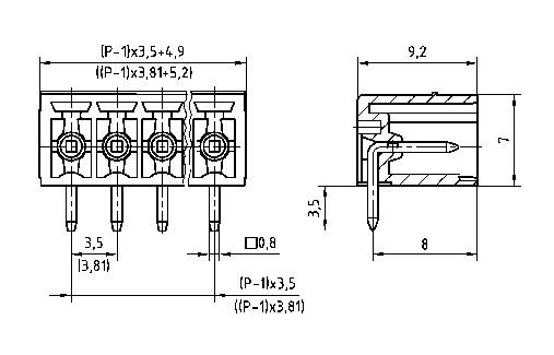 Technische tekening van een stekkerverbinding met afmetingen in millimeters. Zij- en vooraanzicht tonen doorsnede en pin-afstanden.