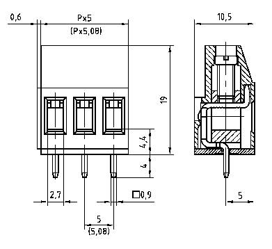 Technische tekening van een driepolige connector. Afmetingen en afstanden zijn aangegeven in millimeters. Bovenaanzicht en zijaanzicht.