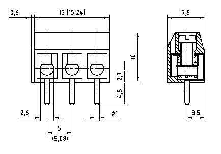 Technische tekening van een driepolige connector met nauwkeurige maatvoering in millimeters. Weergegeven in voor- en zijaanzicht.