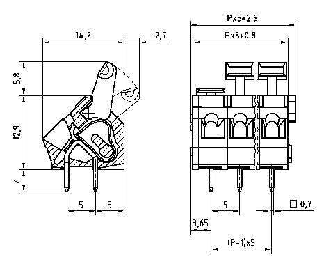 Technische tekening van een elektrische stekkerverbinding met maten. Toont aanzichten van twee zijden met details over pinafstanden en totale afmetingen.