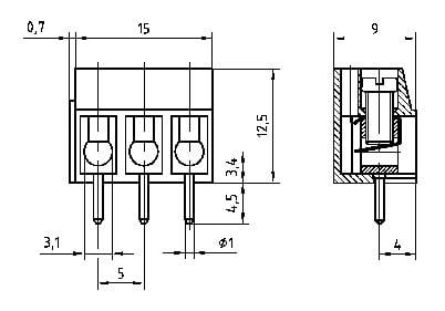 Technische tekening van een elektrische connector met afmetingen in millimeters, vooraanzicht en zijaanzicht, maten gemarkeerd.